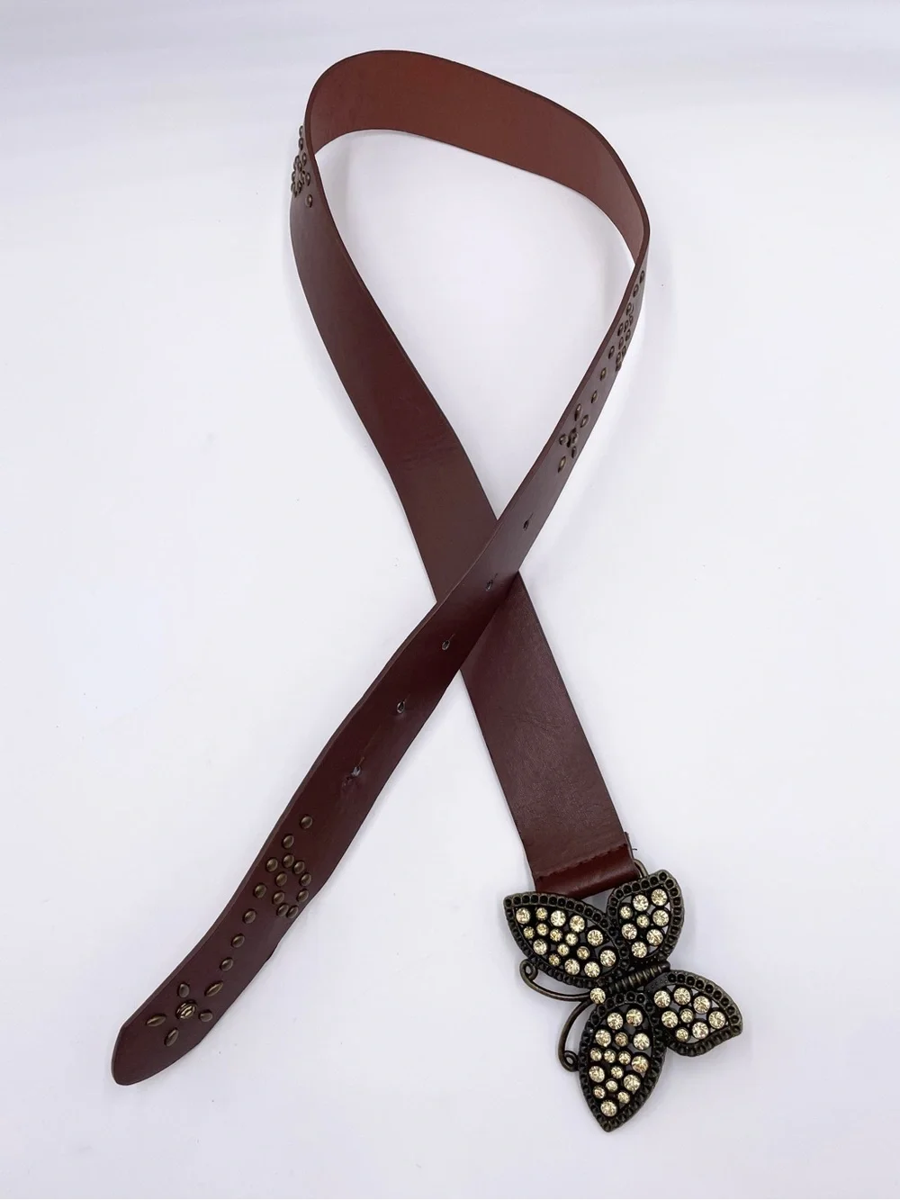Vintage 90s Y2K Rhinestone Butterfly Buckle Belt Fairycore Boho Studded Jewels
